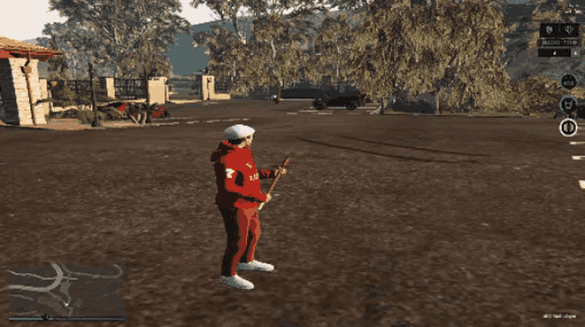a man in a red jacket is running down a street in a video game