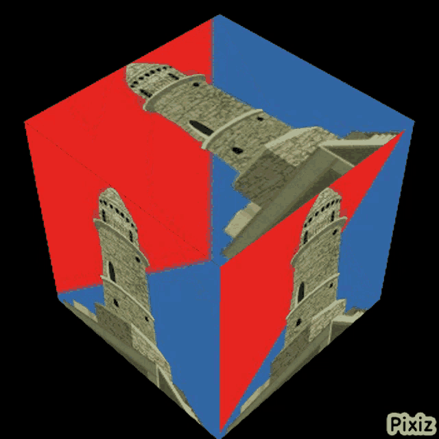 a picture of a tower in a red and blue cube with pixiz written on the bottom