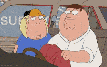 two cartoon characters are sitting in a car and one has the number 13 on his face