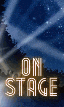 a poster that says on stage with a crowd watching