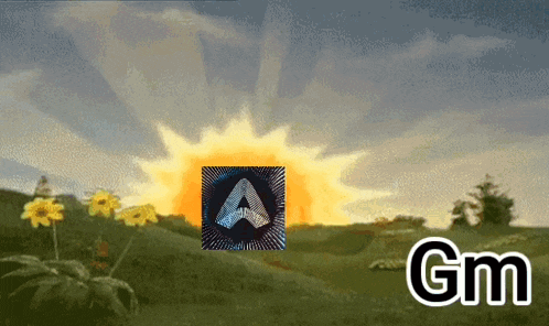 a picture of a sun and the words gm on the bottom right