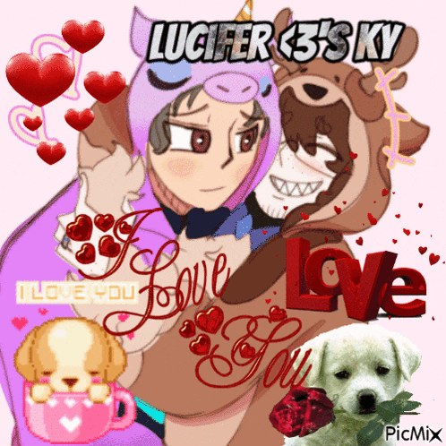 a valentine 's day greeting card with a girl in a unicorn costume and a man in a bear costume