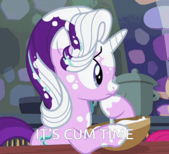 a cartoon of a pony with the words it 's cum time below it