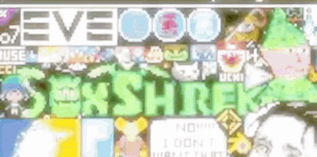 a collage of pixel art with the words eve and shrek on it