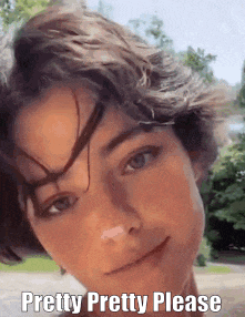 a close up of a woman 's face with the words `` pretty pretty please '' written on the bottom .