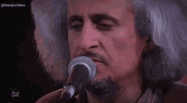 a man with a beard is singing into a microphone on a stage .