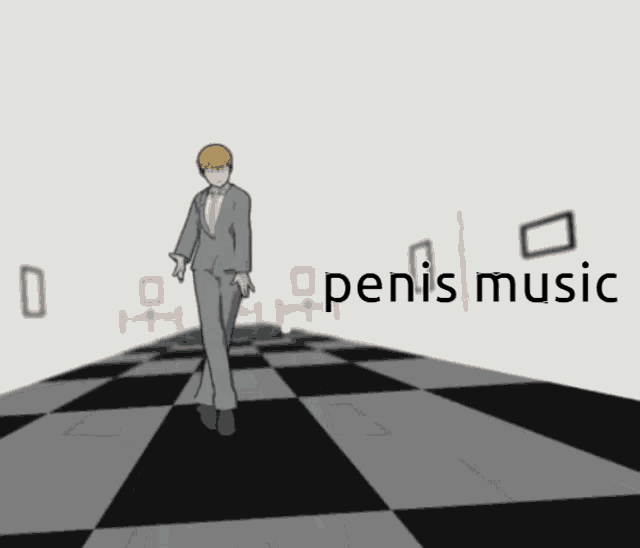 a cartoon of a man in a suit and tie with the words penis music behind him
