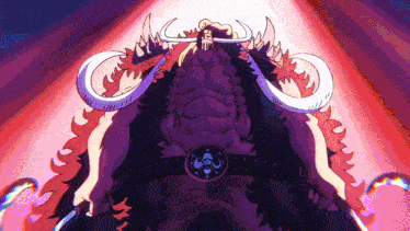 a cartoon drawing of a monster with horns and a skull on his belt