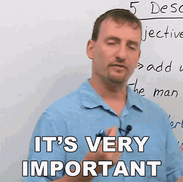 a man stands in front of a whiteboard with the words it 's very important written on it