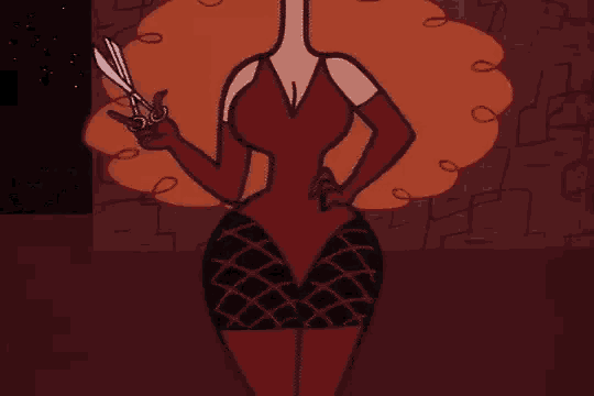 a cartoon character is holding a pair of scissors in her hand