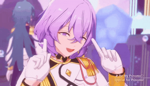 a girl with purple hair is wearing white gloves and giving the middle finger