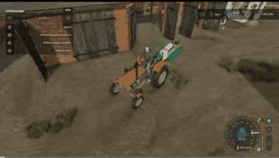 a computer screen shows a tractor driving down a dirt road