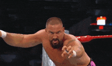 a man with a beard is standing in a wrestling ring