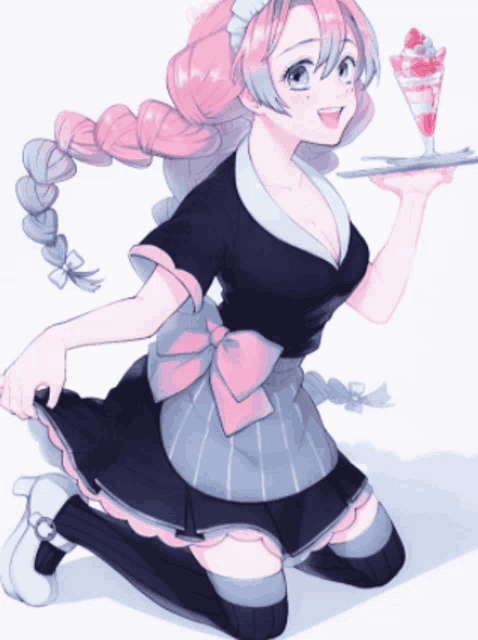 a girl in a maid outfit is holding a tray with a dessert on it
