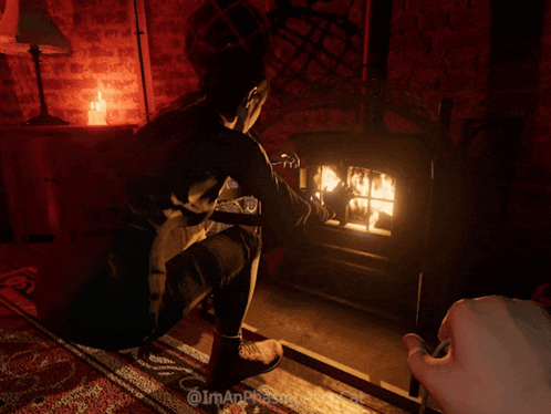 a screenshot of a video game shows a person kneeling down in front of a fireplace