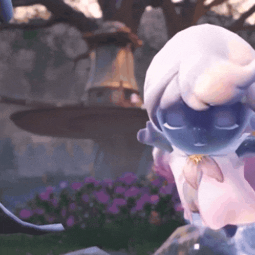 a cartoon character is standing in front of a fountain with purple flowers in the background