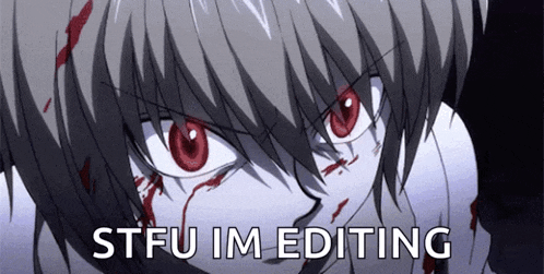 a close up of a person with blood on their face and the words stfu im editing below it