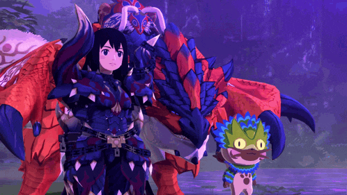a girl standing next to a dragon and a cat