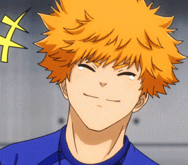a cartoon character with orange hair is smiling with his eyes closed