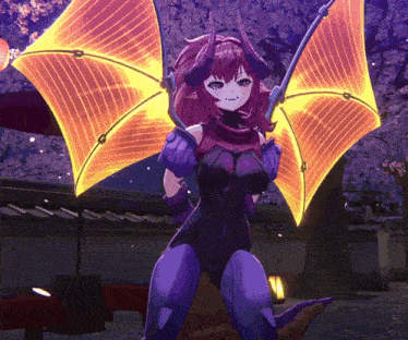 a purple and orange anime character with wings and horns