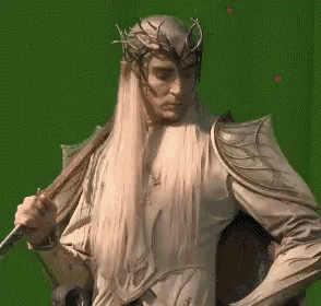 a man with long hair and a crown is holding a sword .
