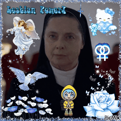 a picture of a nun surrounded by flowers and a hello kitty