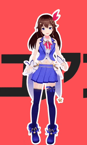 a girl in a blue dress is standing in front of a yellow star