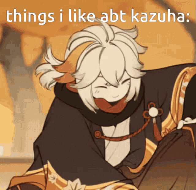 a cartoon character with the words things i like abt kazuha on the bottom