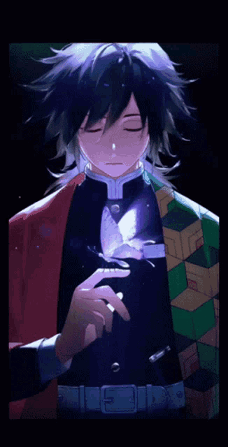 a black haired anime character holding a blue butterfly