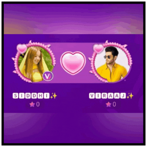 a picture of siddhi and viraaj with hearts on a purple background