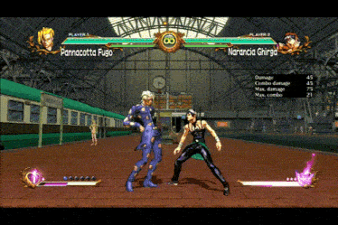 a video game with two characters named pannacotta fugo and narancia ghirga fighting each other
