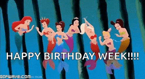 a group of mermaids are swimming in the water with the words happy birthday week written below them