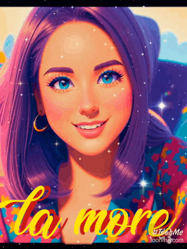 a picture of a girl with purple hair and the words " la more " below her