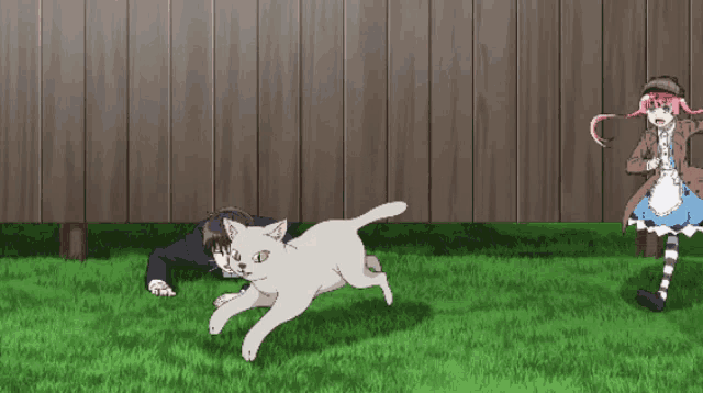 a cartoon of a cat running away from a girl