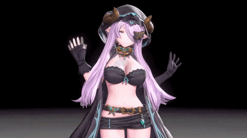 a girl with purple hair and horns is wearing a black cape