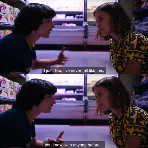 a man and a woman are looking at each other and the man says i just like i 've never felt like this