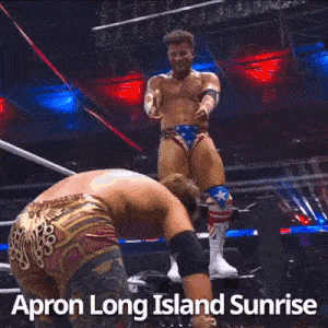 a wrestler is falling in the air with the words apron long island sunrise below him