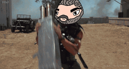 a cartoon of a man with a beard holding a large object with the words giant monster on the bottom