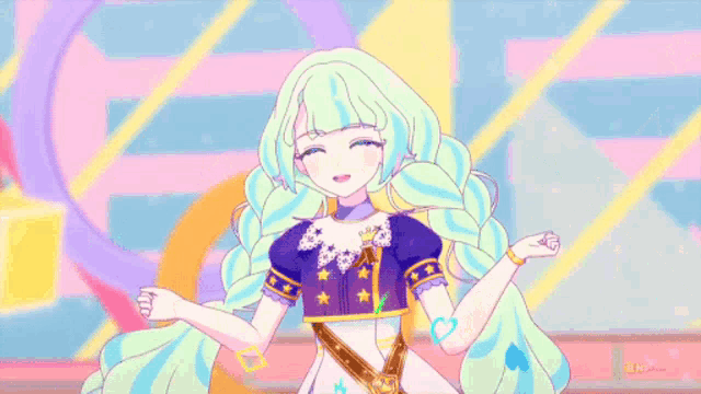 a girl with long green hair is dancing on a stage .