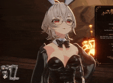 a girl in a bunny costume is standing in front of a menu