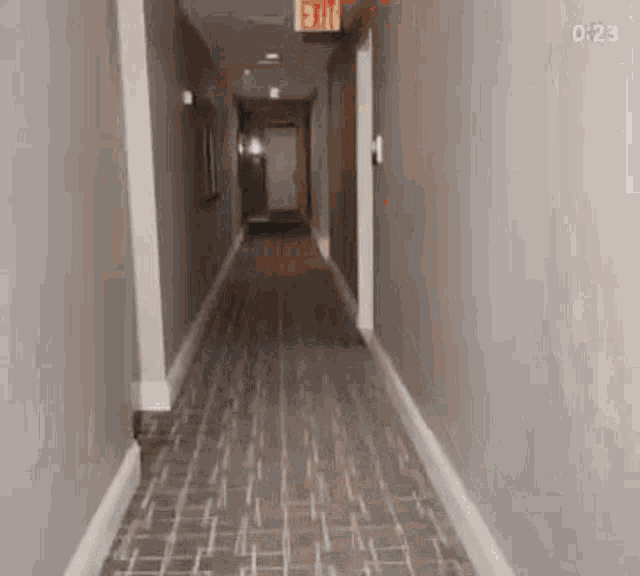 a hallway with a red exit sign on the wall .