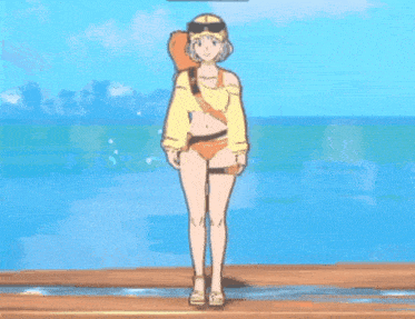 a cartoon girl in a bikini is standing on a pier near the ocean