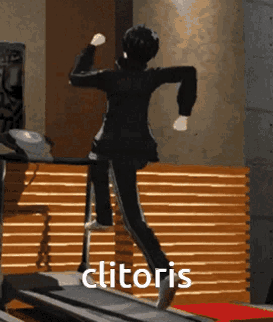 a person is running on a treadmill with the word clitoris written on it