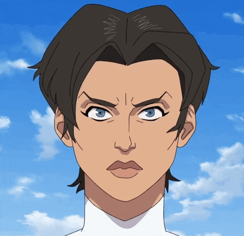 a cartoon of a woman with a blue sky in the background