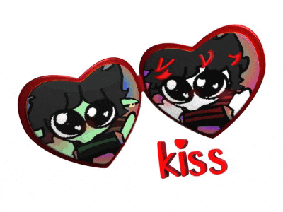 a couple of hearts with the word kiss in red