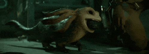 a man in a blue jacket is petting a strange animal