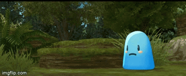 a blue blob with a face is standing in a field with trees in the background