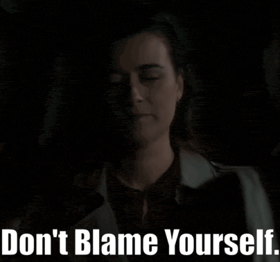 a woman with her eyes closed and the words " do n't blame yourself " above her