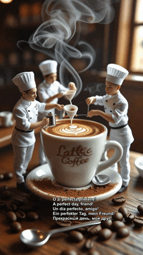 a cup of latte coffee is being poured into a cup by three chefs