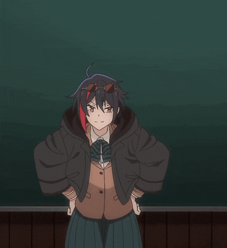 a girl in a school uniform is standing in front of a green board